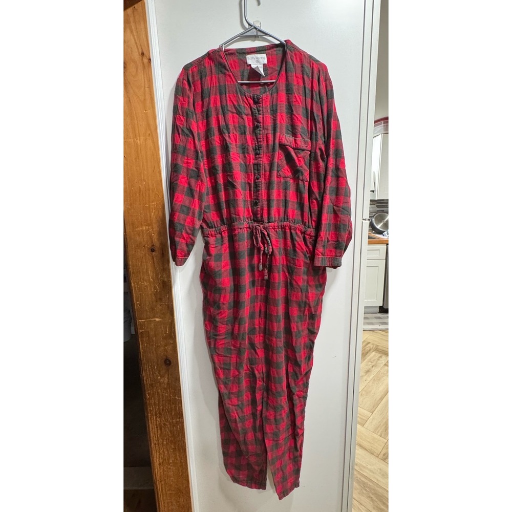 Kathy Ireland Red Black Buffalo Plaid Flannel Jumpsuit Cotton Womens Large L